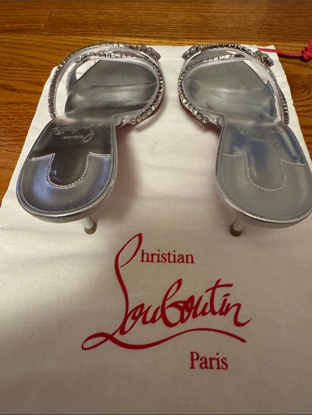 NEW - Christian Louboutin Silver Crystal-Trim Slide Sandals - Picture 3 of 12